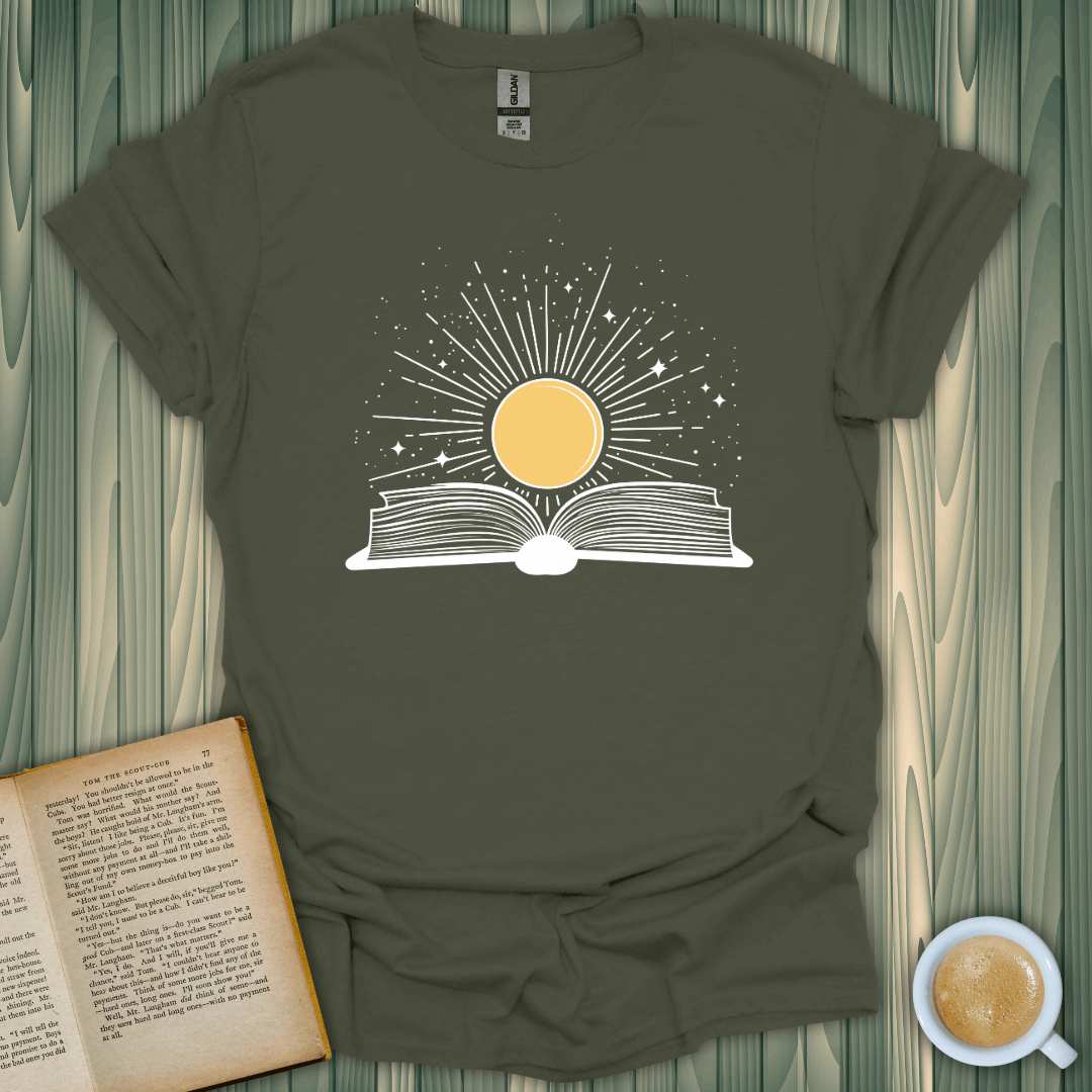 Sunshine Kiss T-Shirt featuring an open book and sun design, perfect for book lovers. Lightweight and breathable cotton.