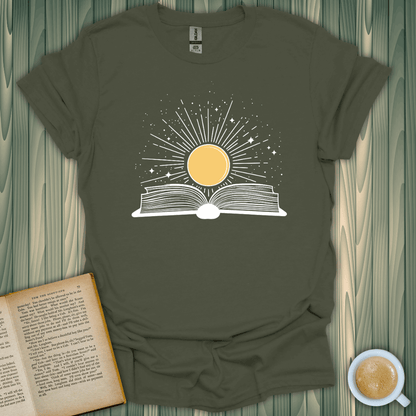 Sunshine Kiss T-Shirt featuring an open book and sun design, perfect for book lovers. Lightweight and breathable cotton.