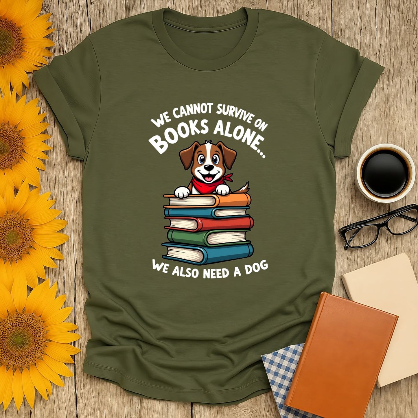 Pup Page Turner T-Shirt for book lovers featuring a dog with books, 100% ring-spun cotton, unisex, soft print.