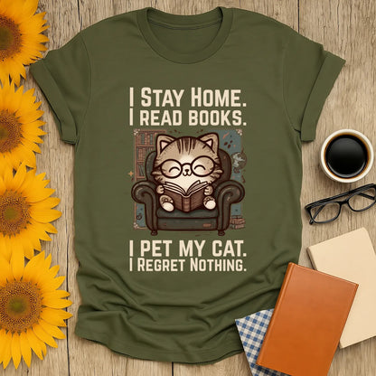 Library Cat Reader T-Shirt featuring a cute cat reading in glasses with bookish humor text, perfect for cat lovers and bookworms.