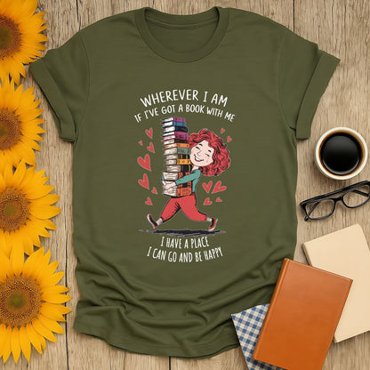 Bookish Escape T-Shirt featuring a happy reader with stacked books and text about happiness from reading. Perfect gift for book lovers!