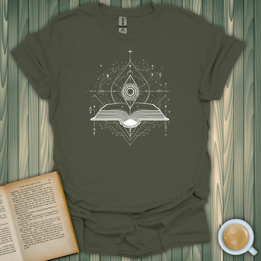 Portal to Knowledge T-Shirt for book lovers, featuring a stunning screen-printed book design on a cozy green cotton tee.