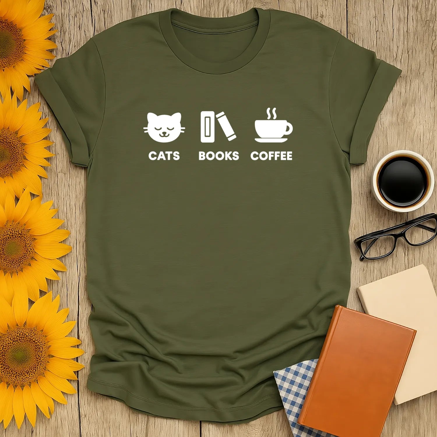 Funny reading tee featuring a cat, a book, and a coffee cup — perfect for book lovers and cozy vibes.