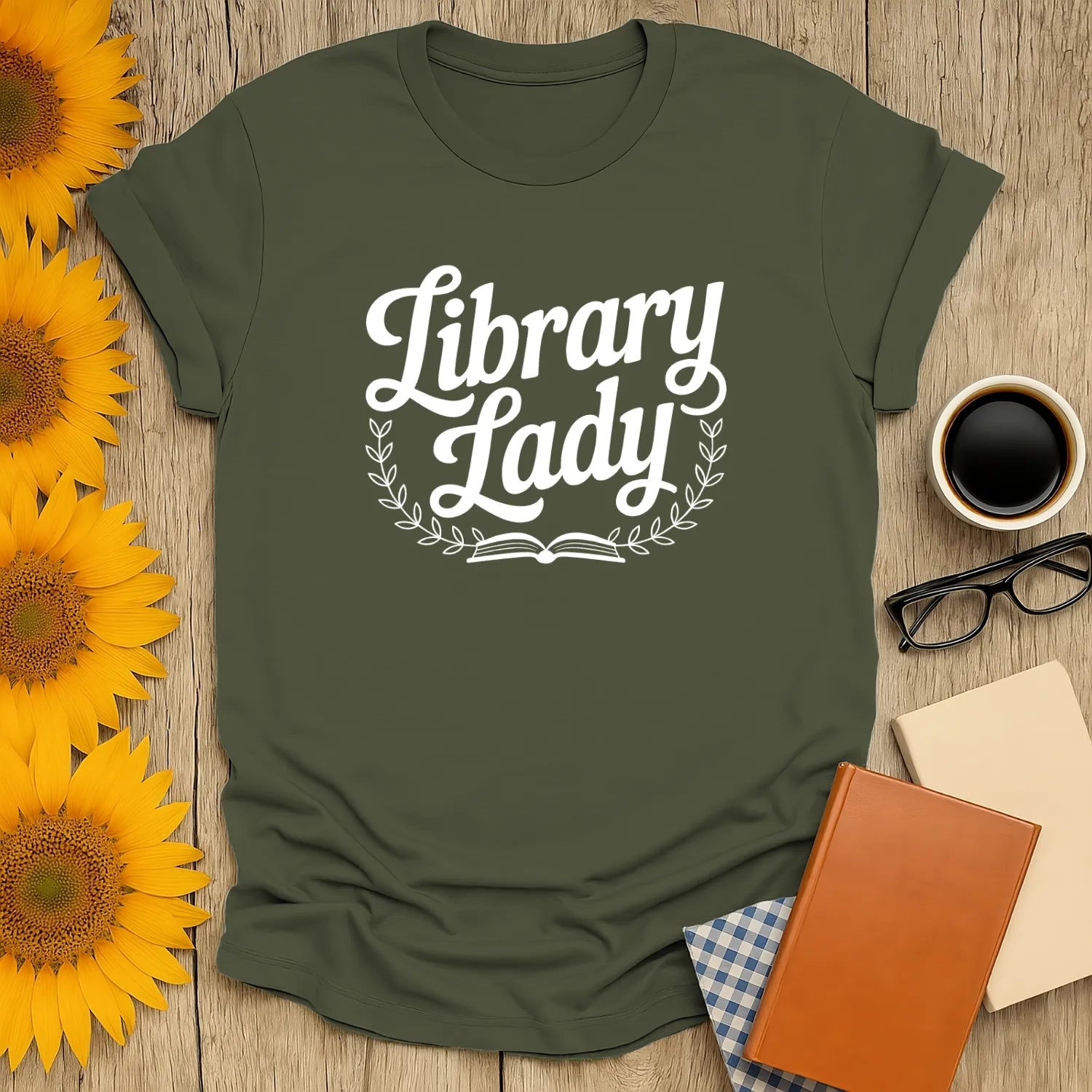 Cozy Library Lady t-shirt design with book graphics for book lovers, perfect gift for readers, tea and cat enthusiasts.
