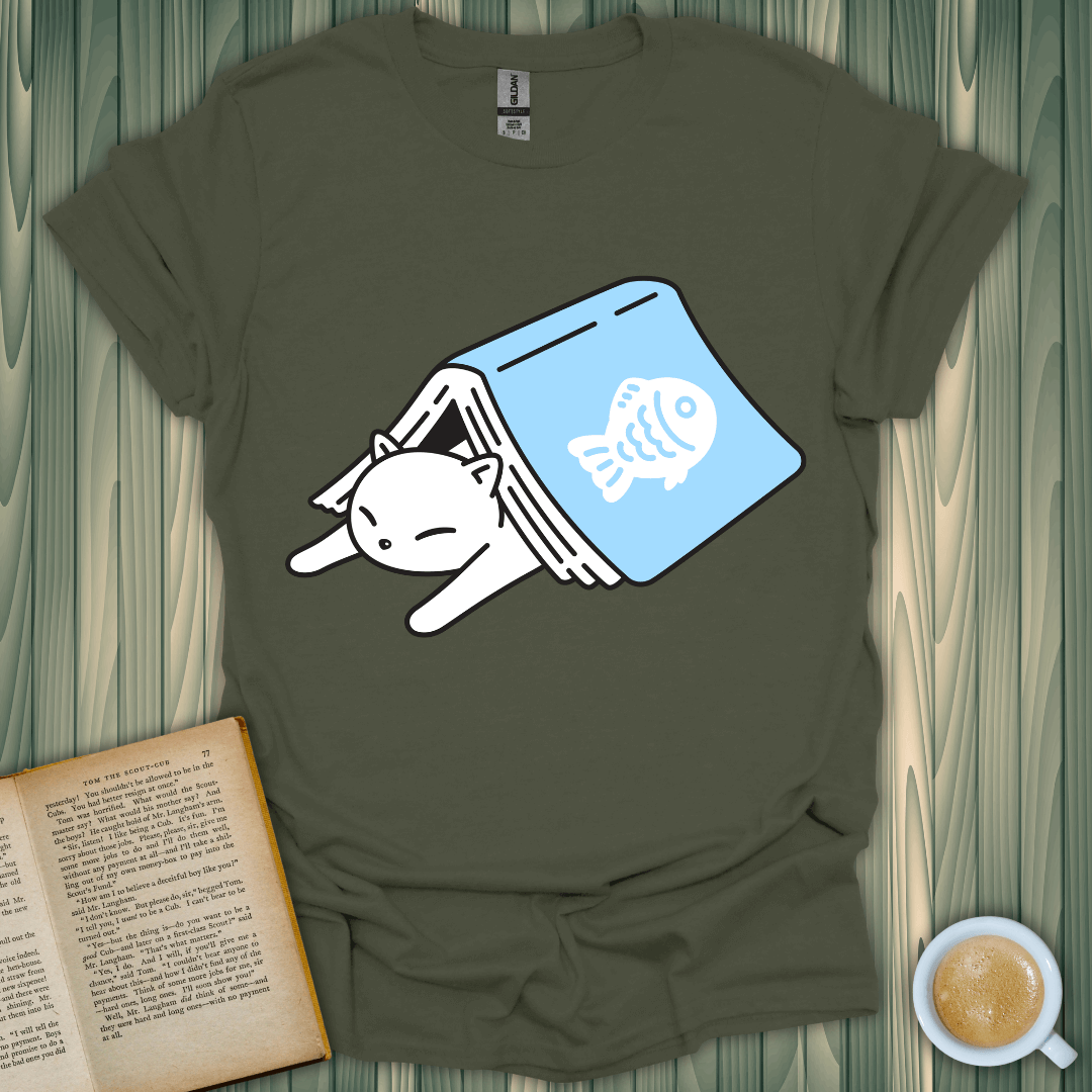 Cat Bookmark T-Shirt featuring a playful cat and book design, perfect for book lovers. Made from soft, breathable cotton.