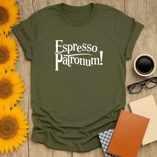 Espresso Patronum! T-shirt for book lovers, featuring soft-hand print, laid on wooden background with flowers and coffee.