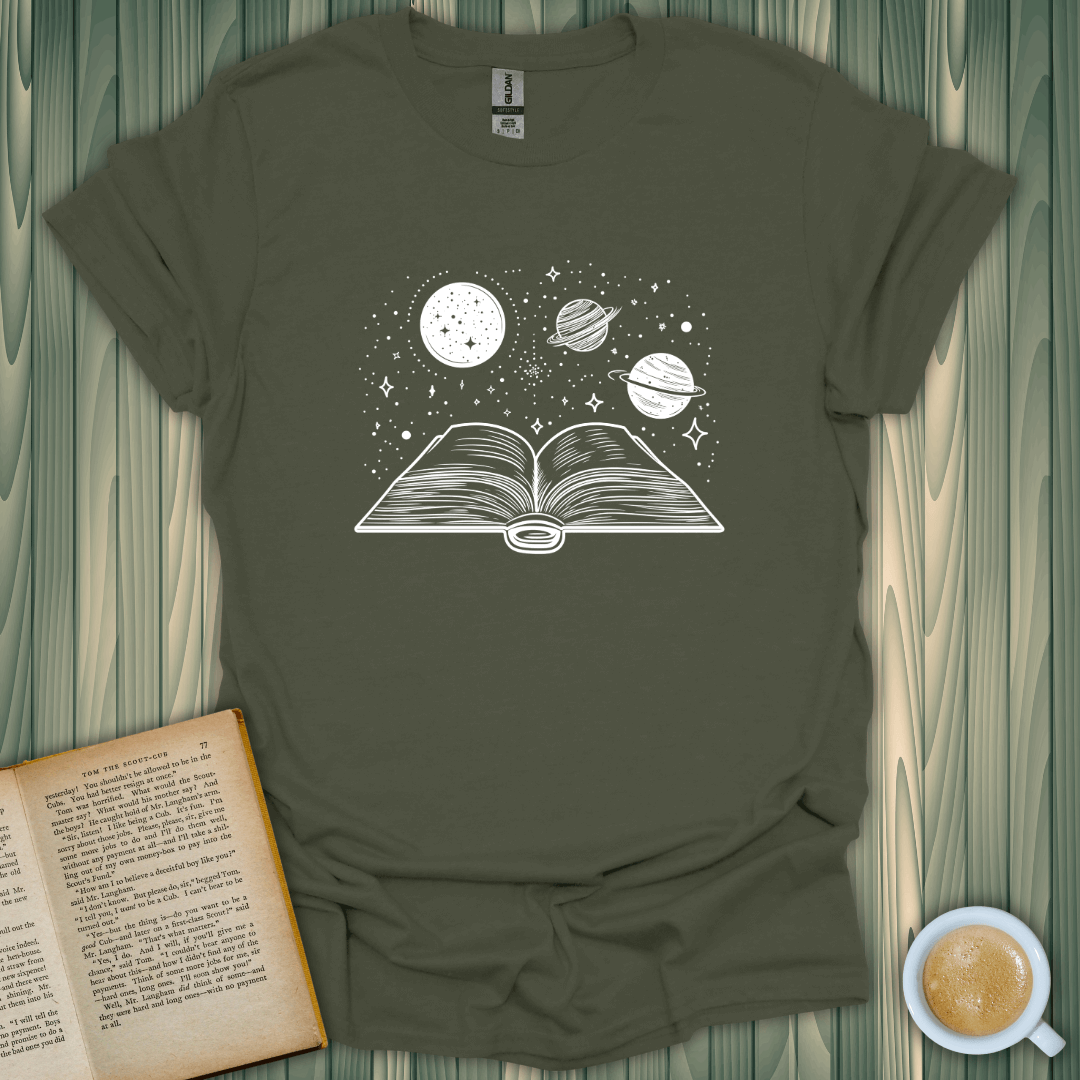 Journey Through Space T-Shirt for book lovers, featuring a cosmic design with a book, planets, and stars.