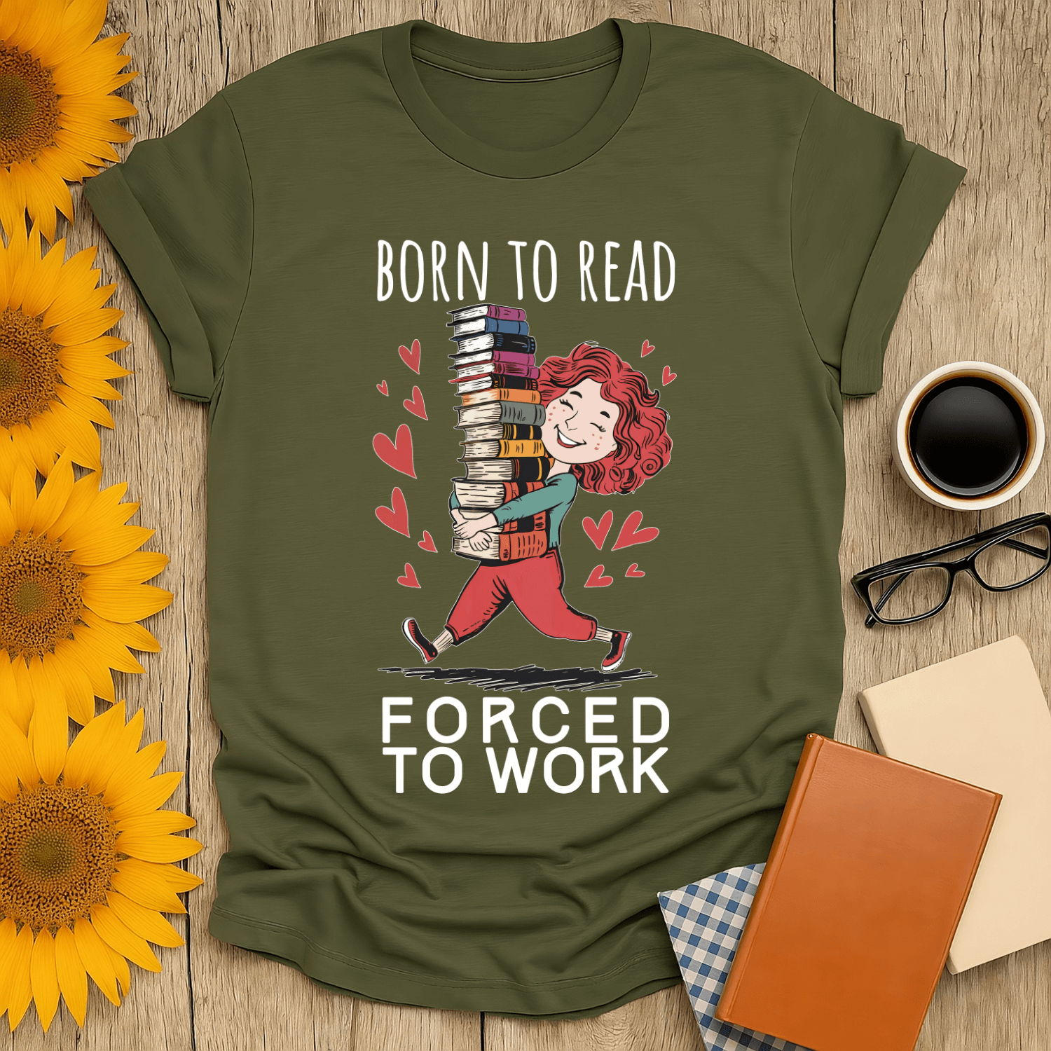 Unisex 'Born to Read, Forced to Work' t-shirt for book lovers, featuring vibrant design and comfortable fit.