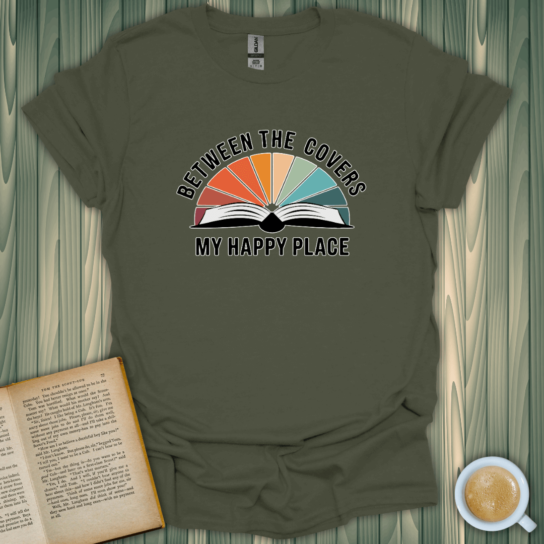 My Happy Place T-Shirt for book lovers, featuring a colorful book design on soft, breathable fabric.