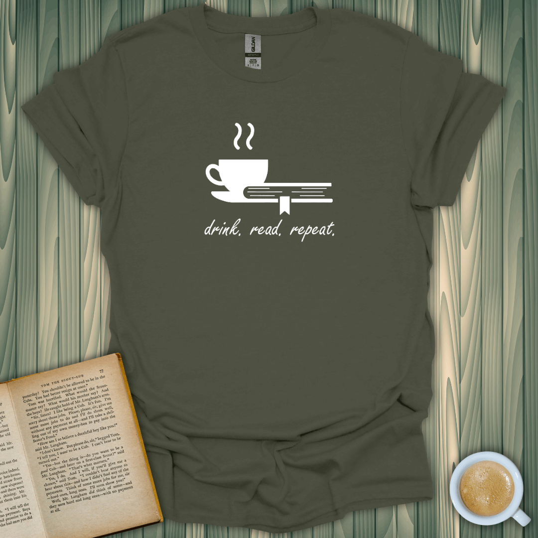 Drink Read Repeat T-Shirt for book lovers, featuring a coffee cup and open book design on soft cotton fabric.