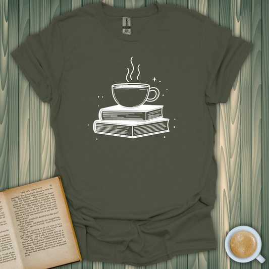 Brewed for Books T-Shirt featuring a coffee cup on stacked books, perfect for book lovers.