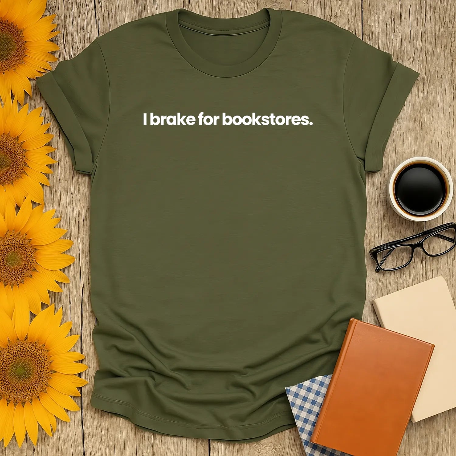 Brake for Bookstores T-Shirt in olive green, relaxed fit unisex tee for book lovers, perfect cozy reading outfit ☕️.