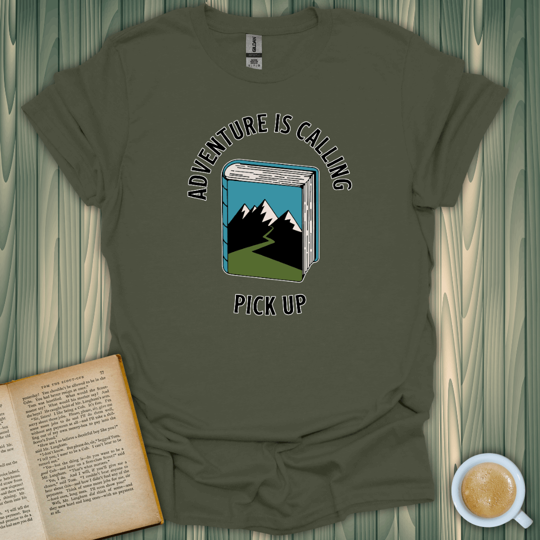 Adventure is Calling T-Shirt, perfect for book lovers, featuring a mountain scene, made of 100% cotton, unisex fit.