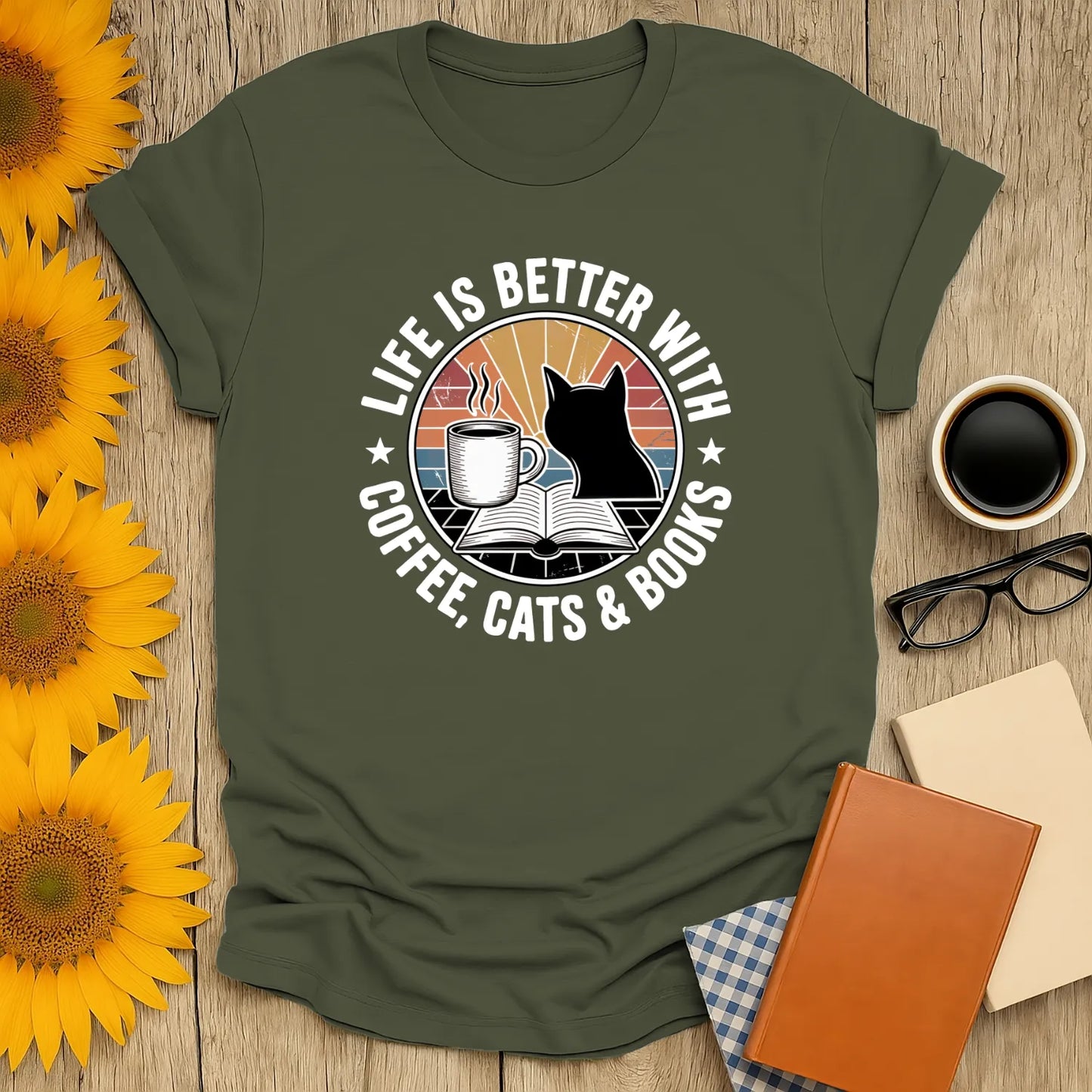 Life is better with coffee, cats, and books on this cozy book lover shirt, perfect for any literary cat enthusiast.