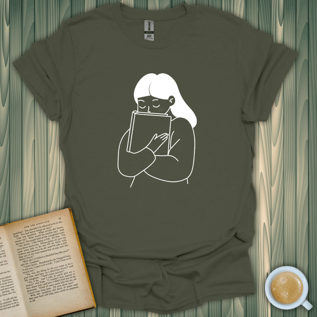 Me and My Bestie T-Shirt in olive green, perfect for book lovers, featuring a cozy design embracing a book.