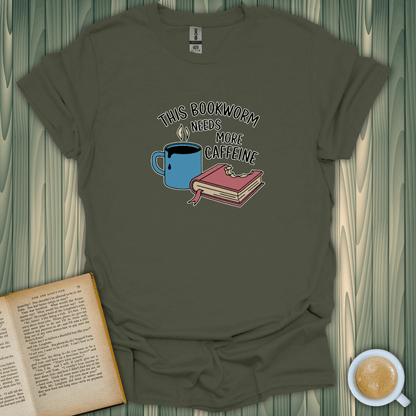 Caffeinated Bookworm T-Shirt featuring a coffee cup and book design, perfect for book lovers, made of breathable cotton.