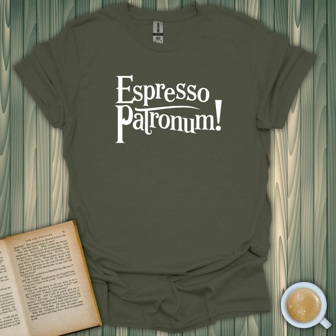 Espresso Patronum! T-Shirt in olive green, perfect for book lovers and coffee enthusiasts, made from 100% cotton.