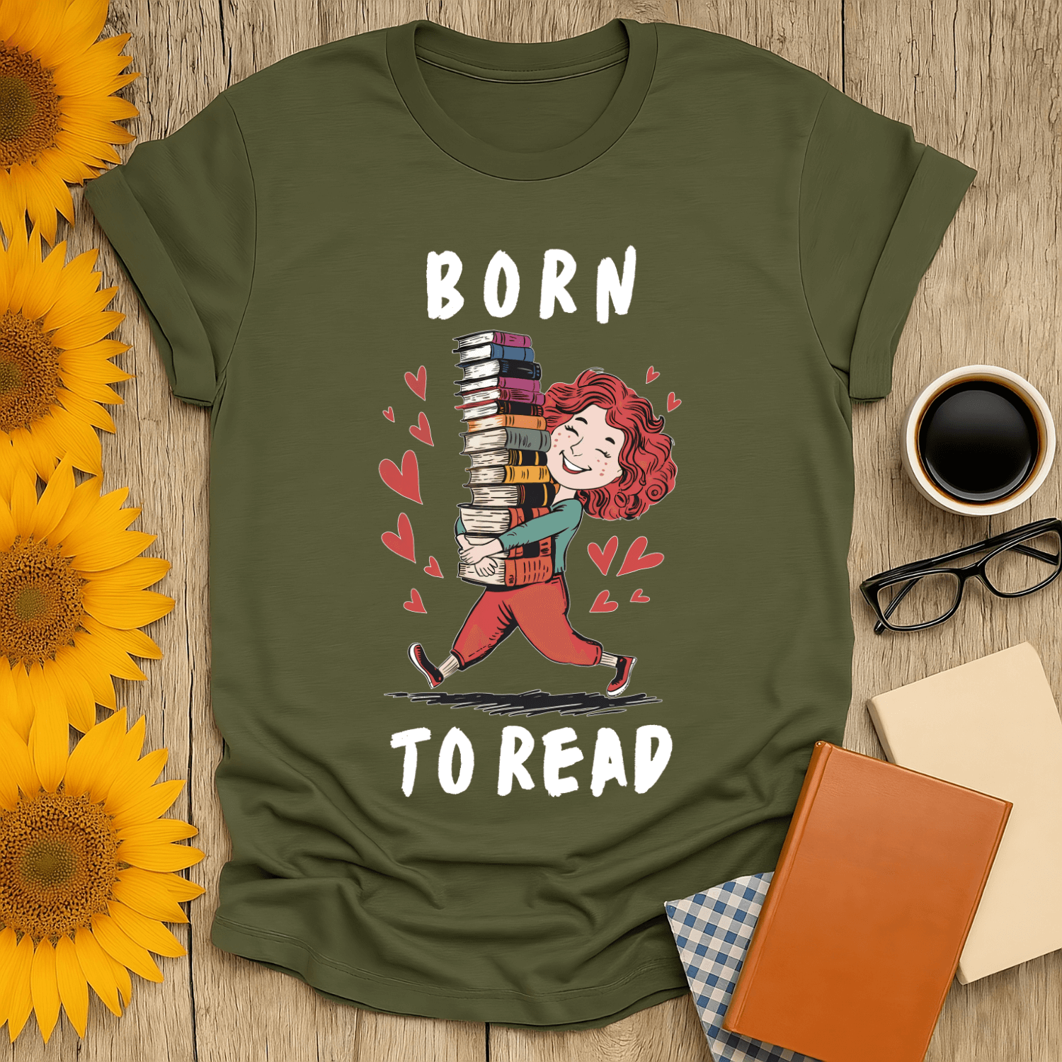 Born to Read t-shirt design featuring a character carrying stacked books, perfect for book lovers.