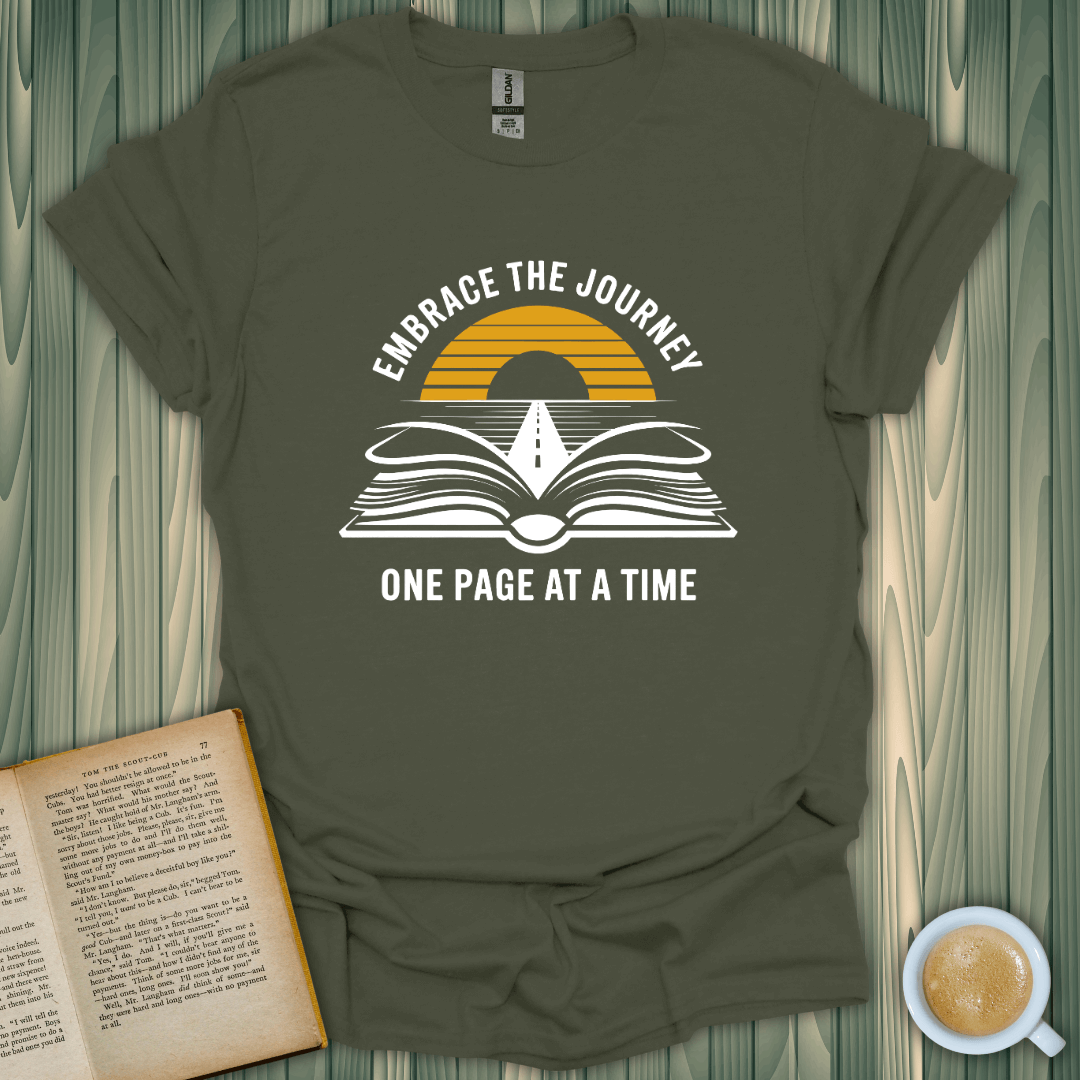 Unisex Embrace The Journey T-Shirt for book lovers, featuring a vibrant screen-printed design on soft cotton fabric.