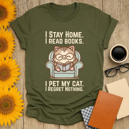 Comfy Cat Reader T-Shirt featuring a cute cat with glasses reading in an armchair, perfect for book lovers and cat enthusiasts.