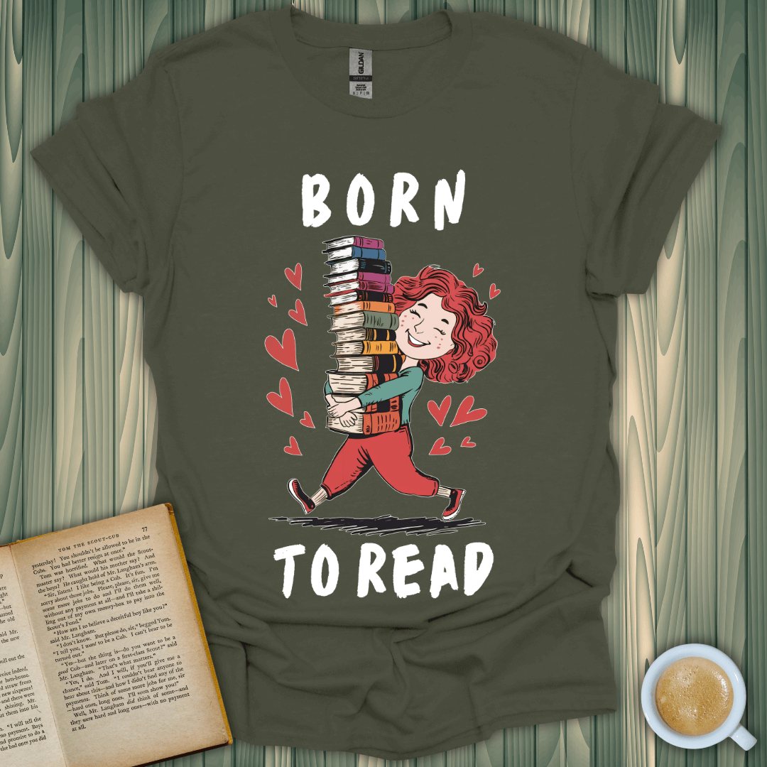 Born to Read T-Shirt featuring a girl carrying stacked books, perfect for book lovers, unisex cotton fit.