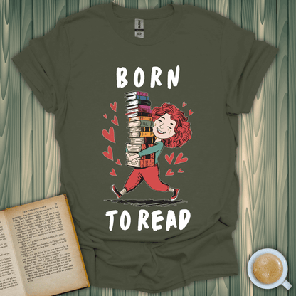 Born to Read T-Shirt featuring a girl carrying stacked books, perfect for book lovers, unisex cotton fit.