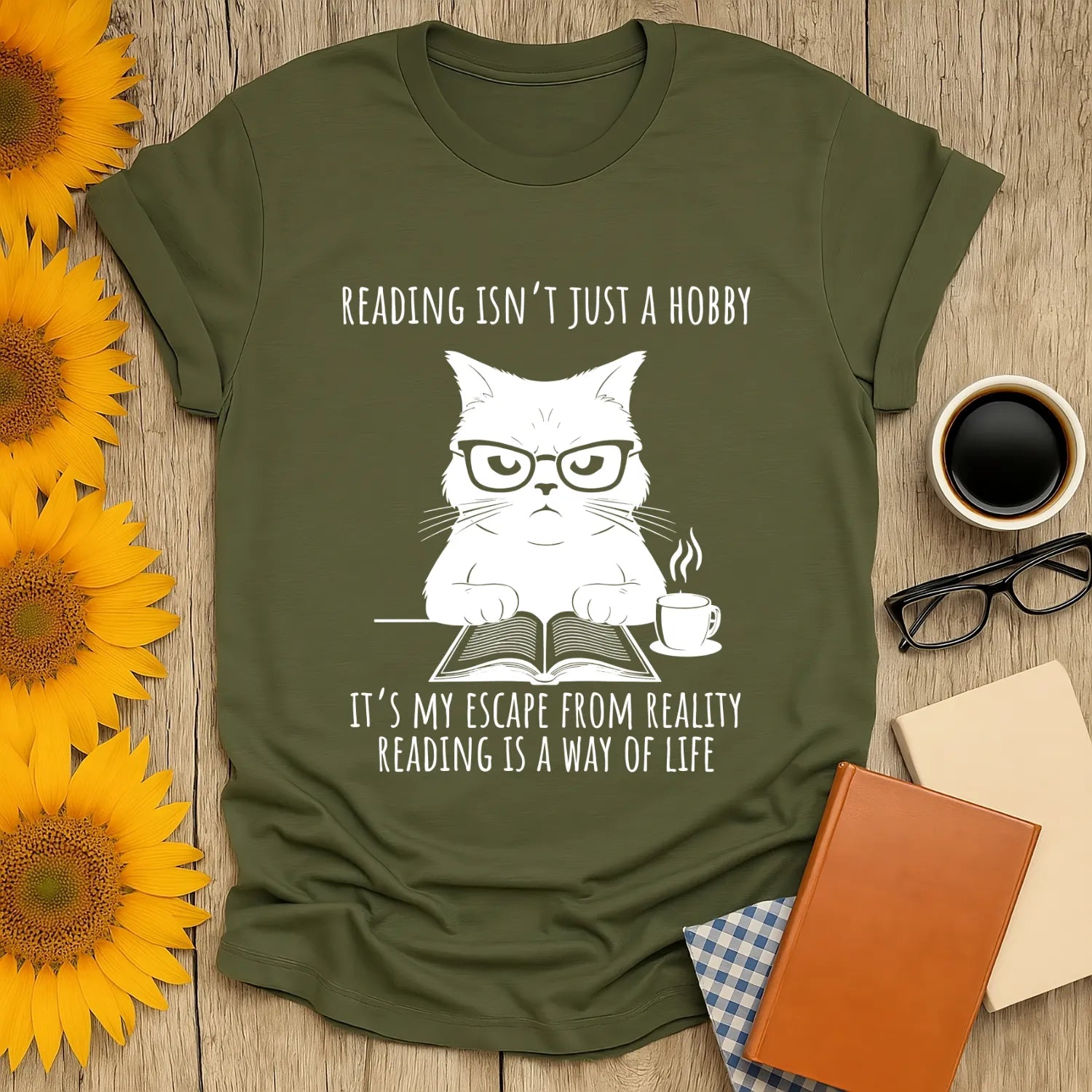 Funny reading tee featuring a cat in glasses with coffee, proclaiming "Reading is a way of life"—perfect for book lovers!