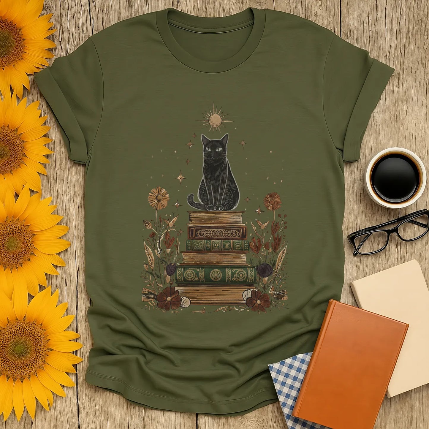 Mystic Cat & Books T-Shirt featuring a black cat on vintage books, perfect for book lovers who enjoy cozy reads and a touch of charm.