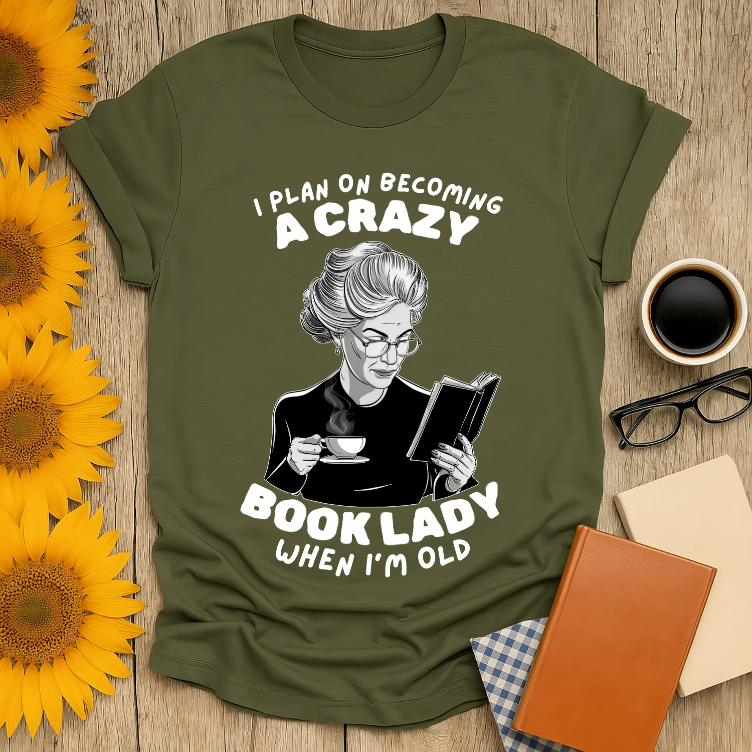 Crazy Book Lady T-Shirt featuring a whimsical design for book lovers, perfect for showing your passion for reading.