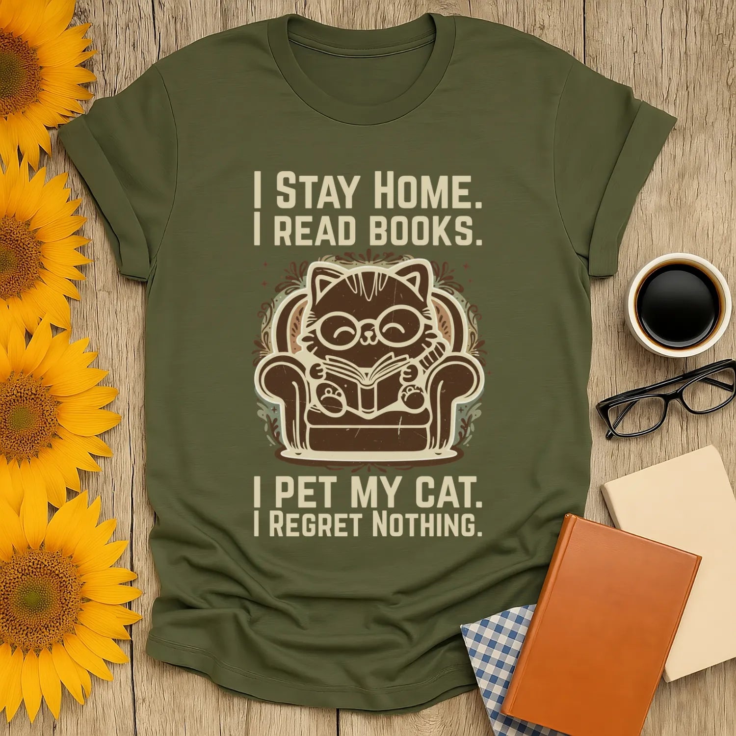 Ornament Cat Reader T-Shirt featuring a cute cat in glasses reading on a chair, perfect gift for book lovers and cat enthusiasts.