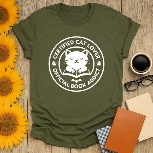 Olive shirt with cat illustration and text 'Certified Cat Lover Official Book Addict', perfect for cozy reading and gifts for cat-loving readers.
