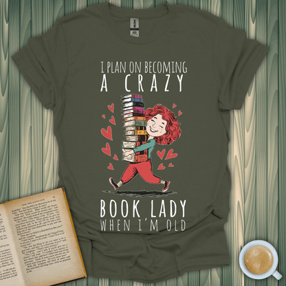 Funny book lover t-shirt featuring a girl stacking books, perfect for passionate readers and future book ladies.