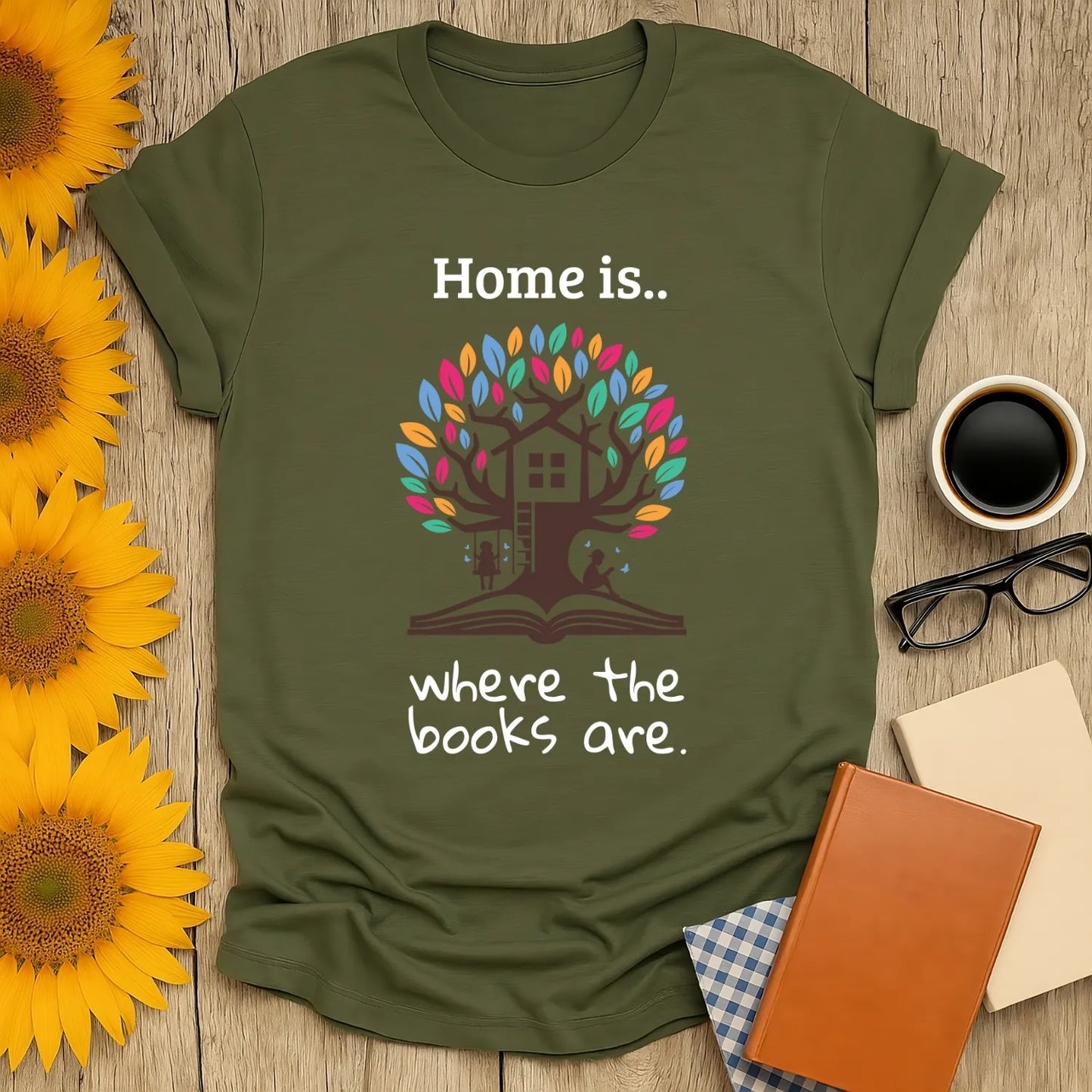 Home is where the books are T-shirt with a tree and house design, perfect gift for cozy book lovers.