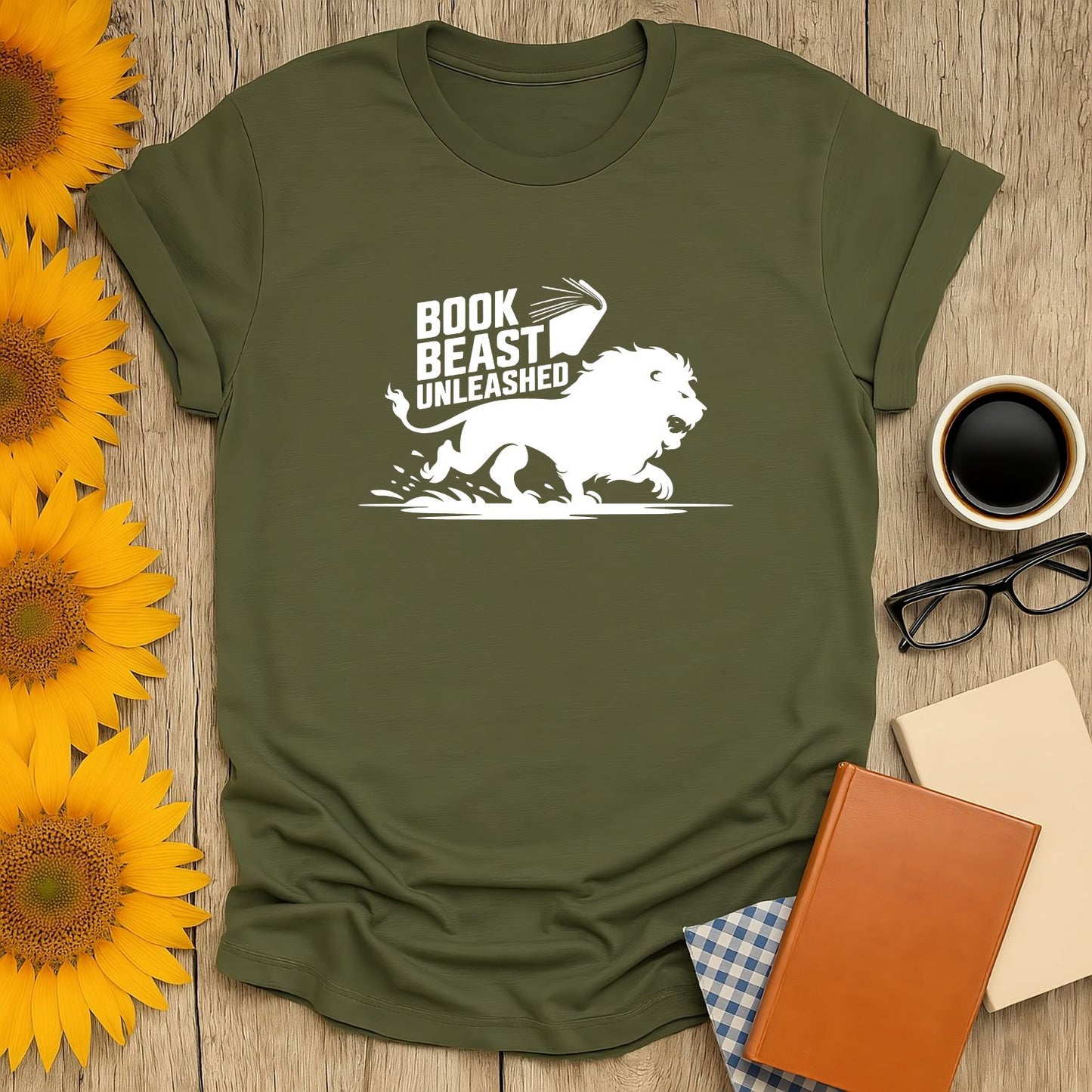 Book Beast Unleashed T-shirt featuring a playful lion with a book—perfect cozy tee for book lovers and cat enthusiasts!