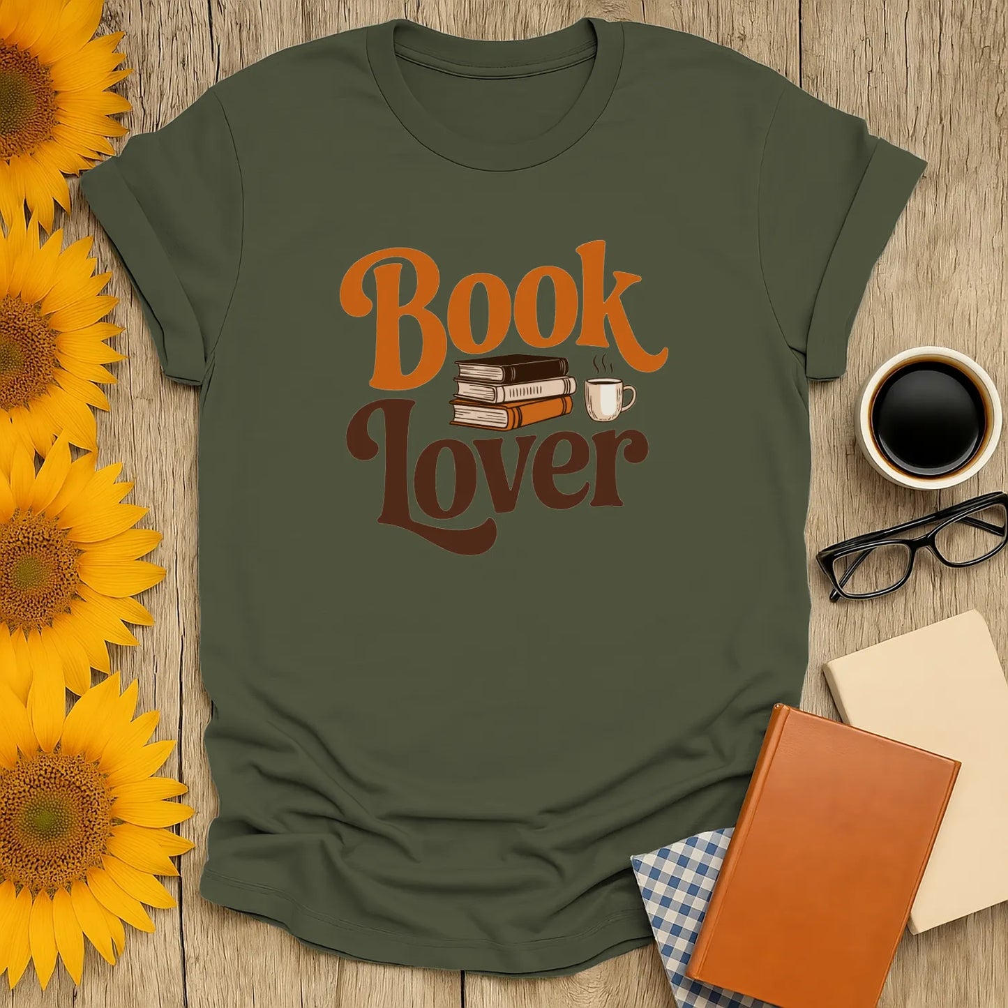 Cozy book lover shirt with playful text, stacked books, and a coffee cup—perfect gift for readers who adore cats and coffee.