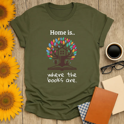 Home of Books T-Shirt in olive, perfect for readers, featuring a cozy treehouse design on organic cotton. 📖