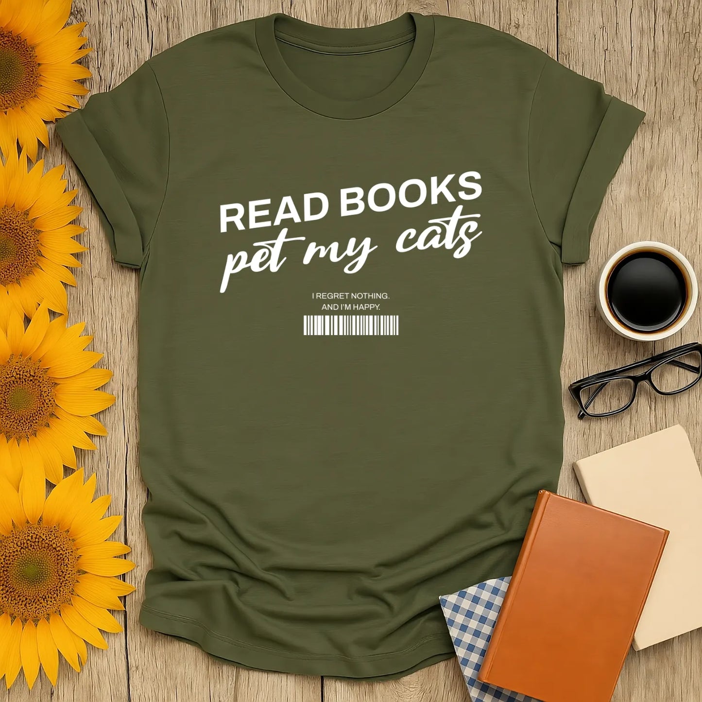 Barcode Reader T-Shirt with text 'READ BOOKS pet my cats' and a quirky barcode, perfect for book lovers and cat enthusiasts.