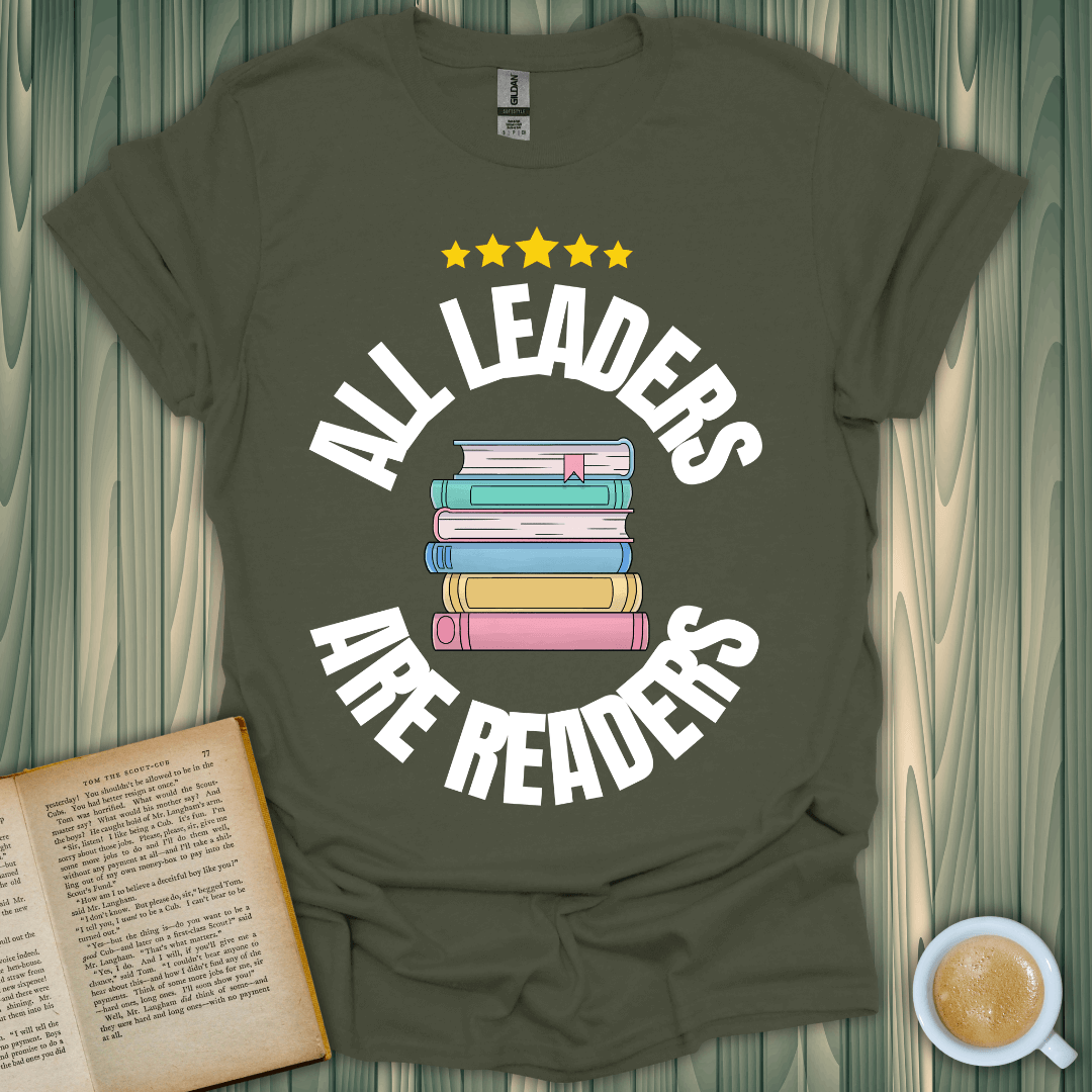 Leaders Are Readers T-Shirt for book lovers, featuring a colorful book graphic on a soft, unisex cotton tee.