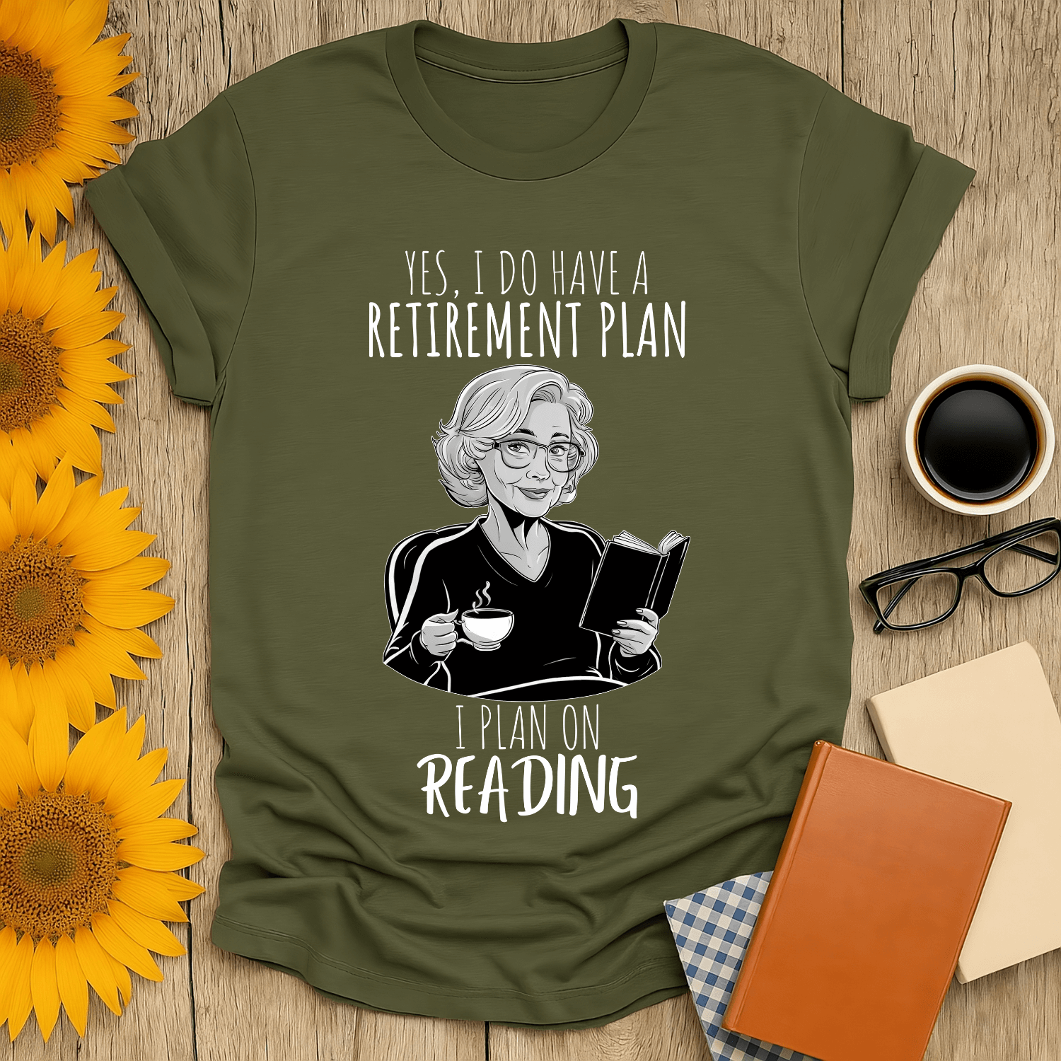 Retirement Plan 2 T-Shirt featuring a book lover illustration with text, perfect for avid readers.