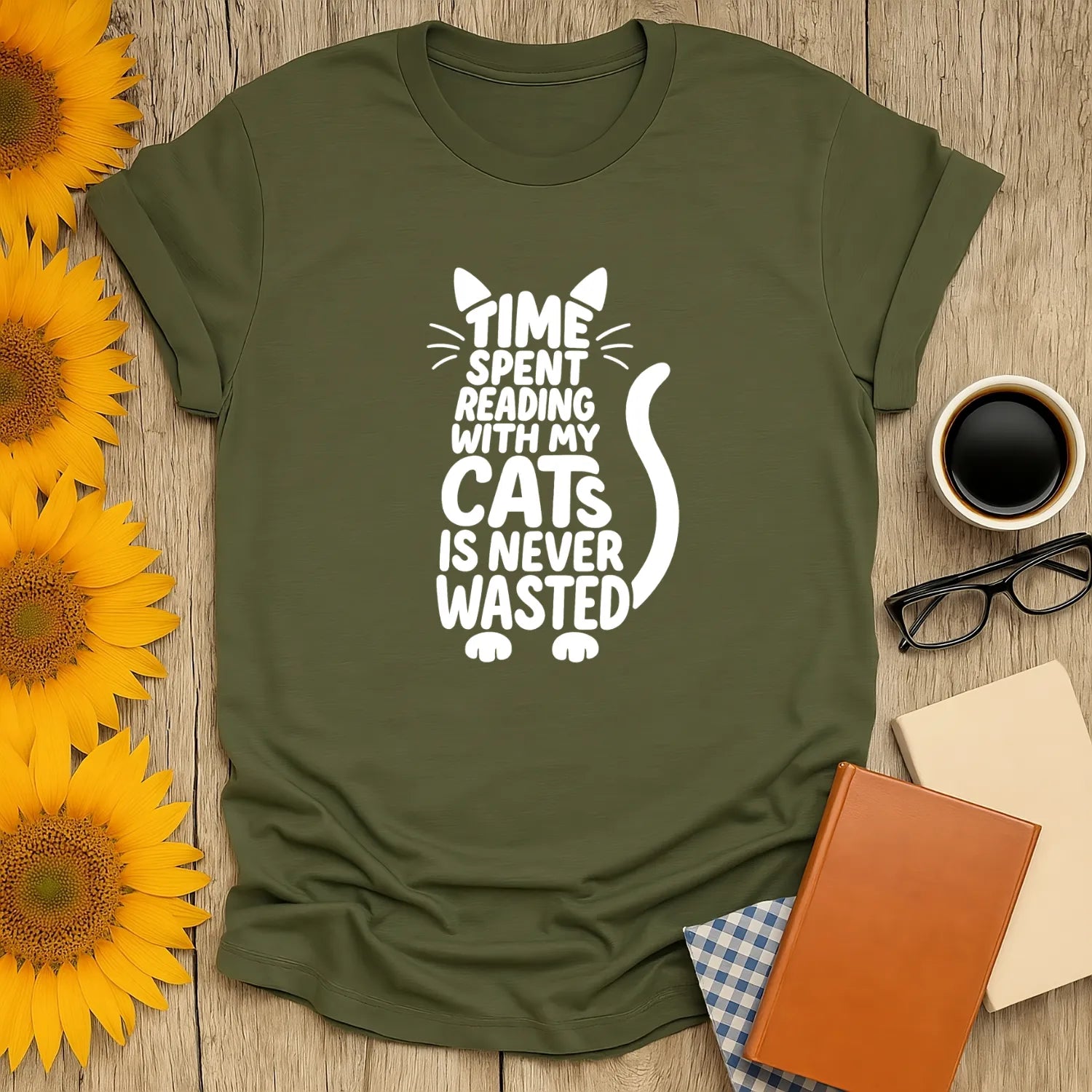 Cozy cat reading shirt: "Time spent reading with my cats is never wasted"; perfect for book lovers and gifts for readers.