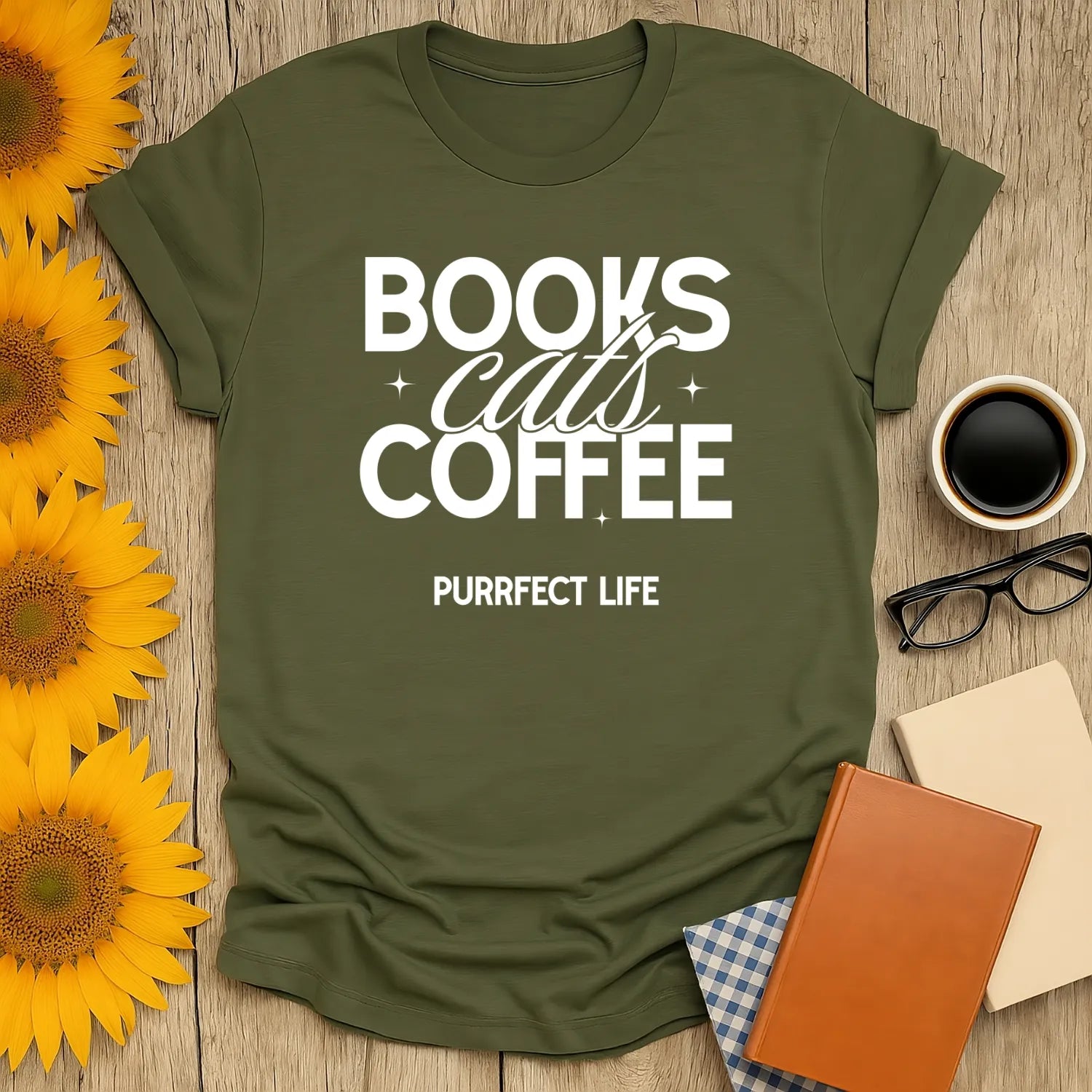 Trio of Joy T-Shirt featuring text 'Books Cats Coffee Purrfect Life' - ideal cozy shirt for book lovers and cat enthusiasts.