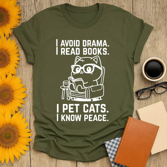 Cats, Books, Peace T-Shirt for book lovers with humorous quote, made from 100% ring-spun cotton, great fit and design.