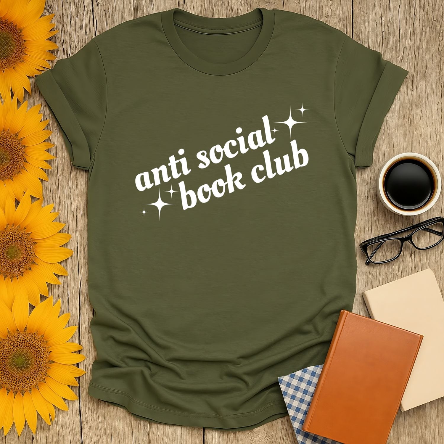 Cozy green anti social book club t-shirt, perfect gift for book lovers who enjoy cats, coffee, or tea.