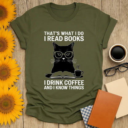 Funny reading tee featuring a clever cat in glasses with the text: "I read books, I drink coffee, and I know things." Perfect gift for book lovers!