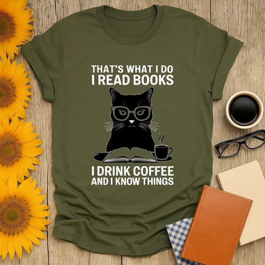 Funny reading tee featuring a clever cat in glasses with the text: "I read books, I drink coffee, and I know things." Perfect gift for book lovers!