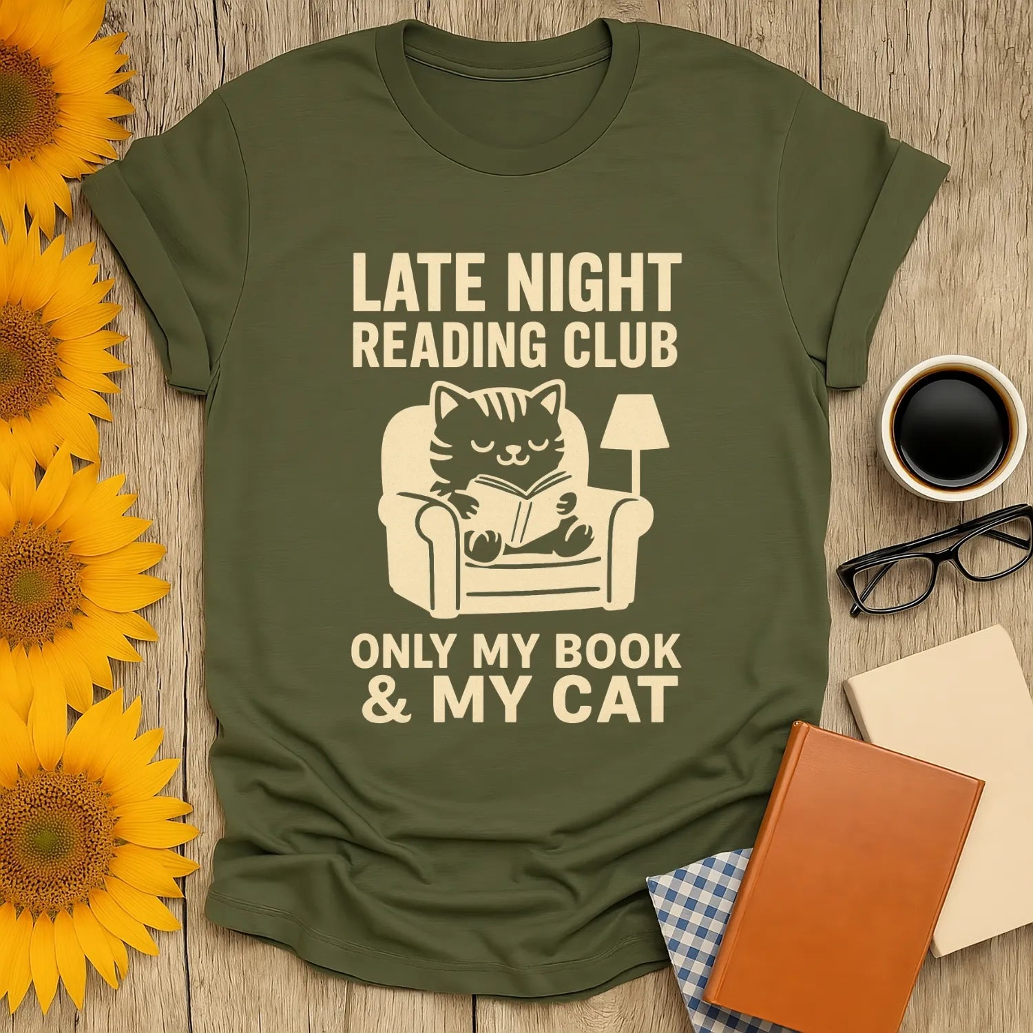 Late Night Reading Club shirt featuring a cozy cat reading, perfect for book lovers and gifts for readers.