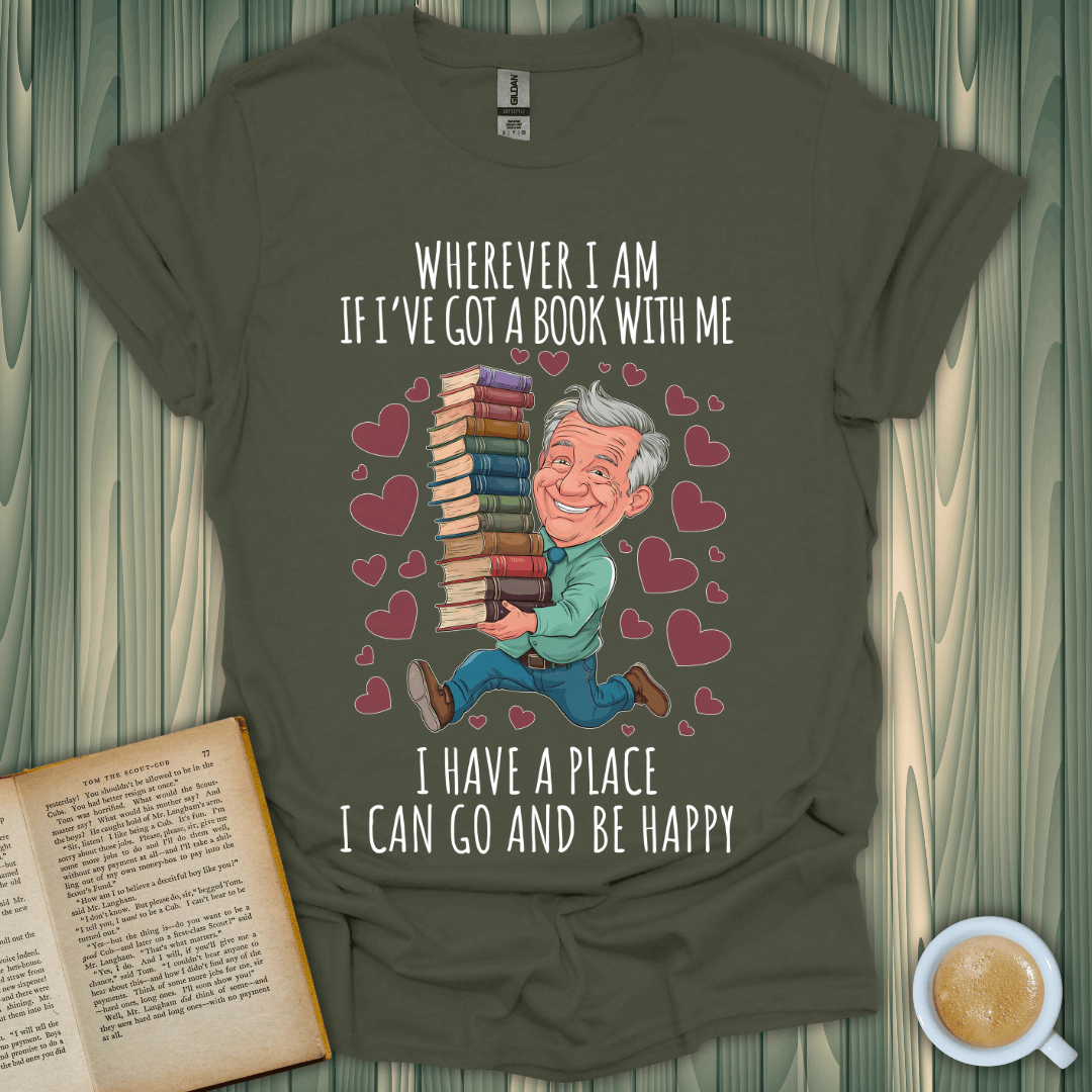 Where Books Take Me t-shirt for book lovers, featuring a cheerful man carrying stacked books, perfect for casual wear.