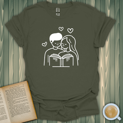 First Read Love T-Shirt design featuring a couple reading together, perfect for book lovers.