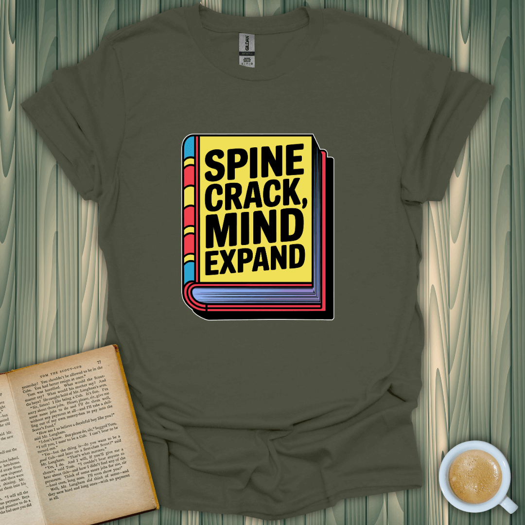 Spine Crack, Mind Expand T-Shirt for book lovers in soft cotton, featuring a vibrant printed design.