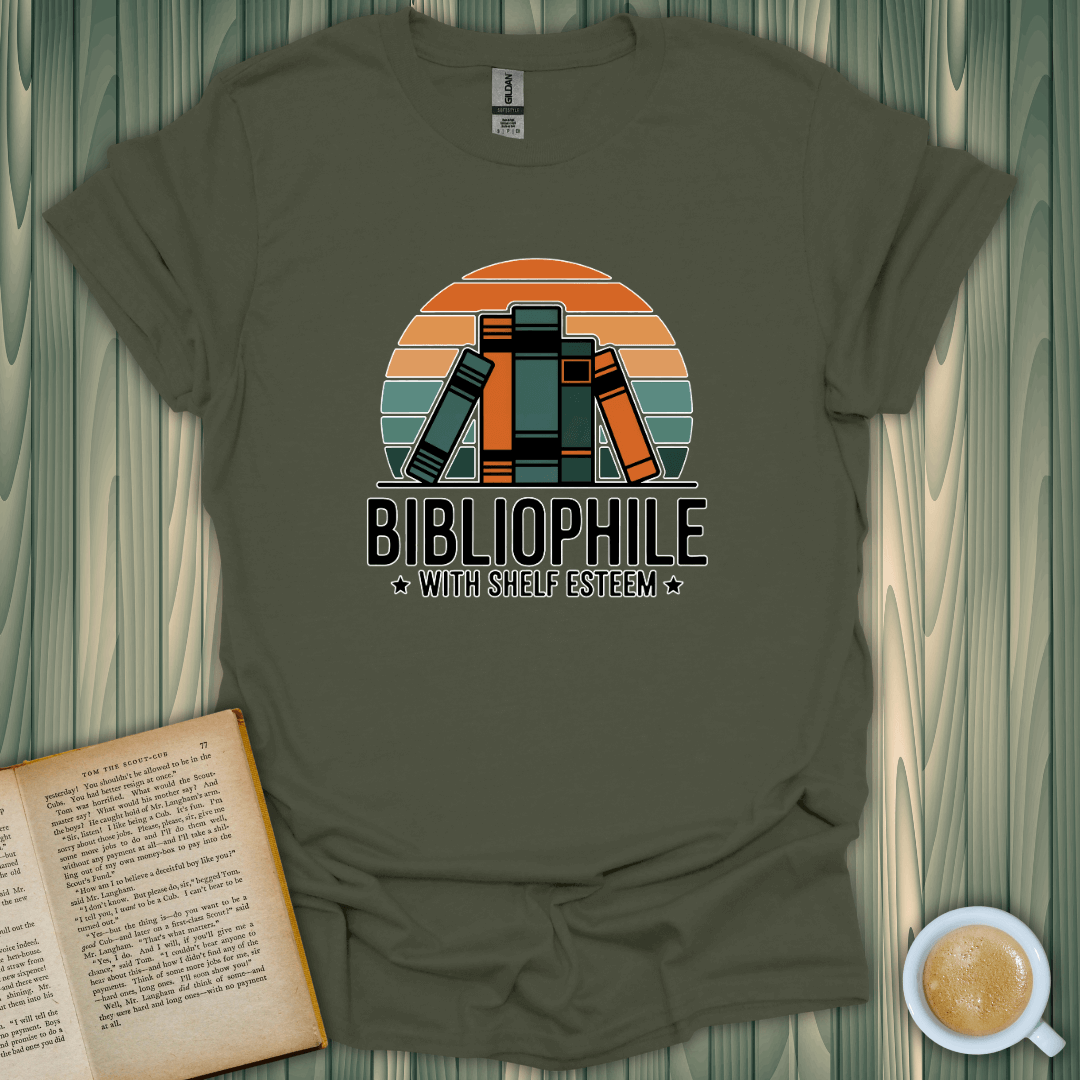 Bibliophile with Shelf Esteem T-Shirt for book lovers in olive green, featuring a fun vintage book graphic.